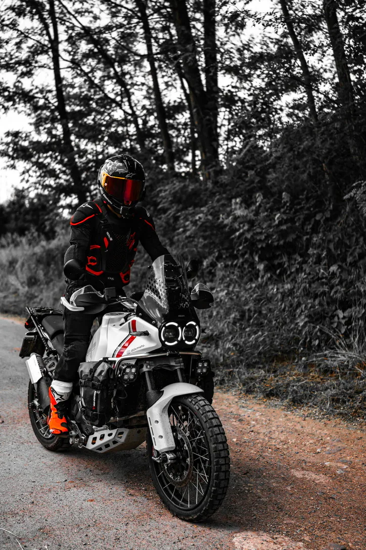 DDXMoto and a Ducati DesertX on a forest road