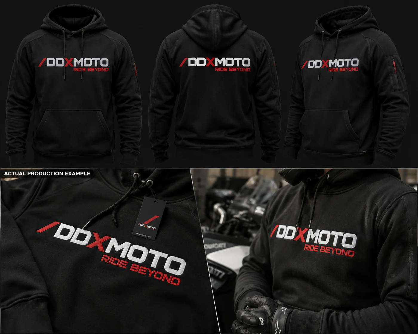 DDXMoto Ride Beyond black motorcycle hoodie visualisation