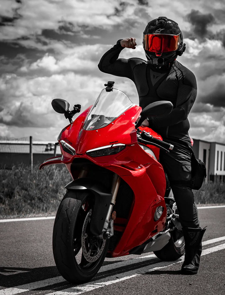 DDXMoto beside a red Ducati Panigale with a selective red edit